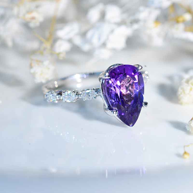 4 Carat Pear Cut Ring. Natural Amethyst Wedding Ring Anniversary ring, Vintage Royal Style Hidden Halo Model 432-12x8