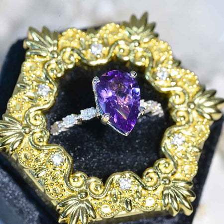 4 Carat Pear Cut Ring. Natural Amethyst Wedding Ring Anniversary ring, Vintage Royal Style Hidden Halo Model 432-12x8