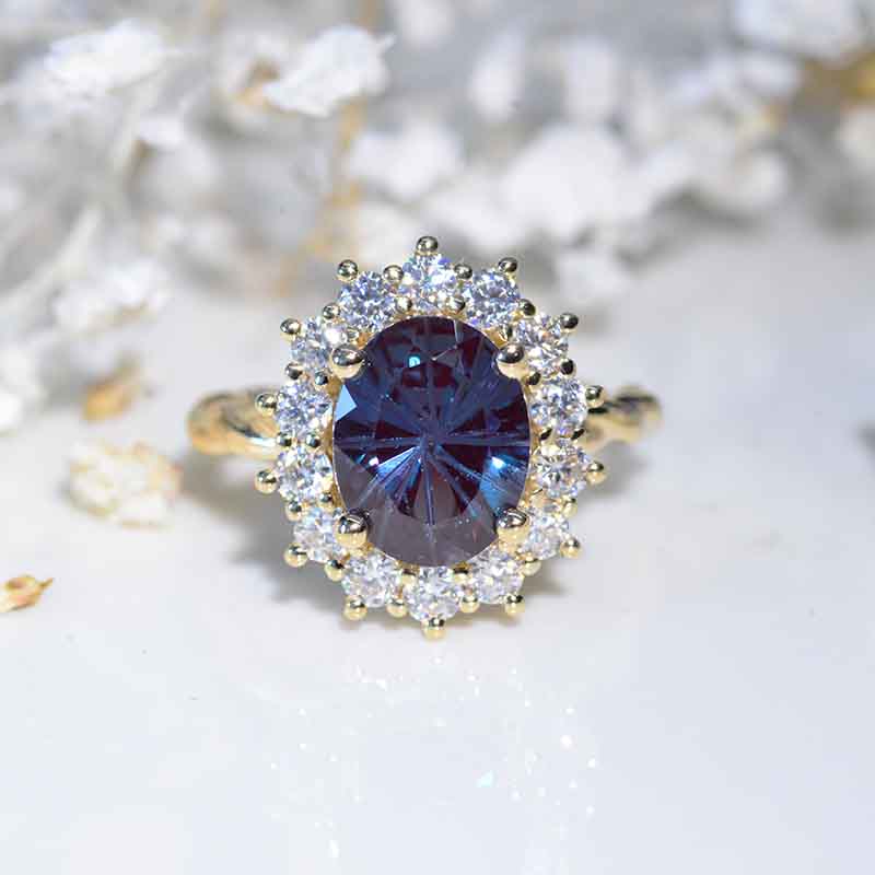 3 CT Oval Halo Fireworks Cut Alexandrite Vintage Wedding Ring. 14K Solid Gold Engagement Ring Anniversary Ring, Baguette Double Halo Ring Mode 839-10x8