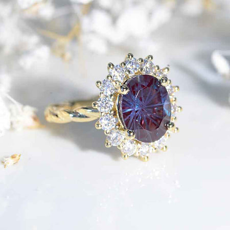 3 CT Oval Halo Fireworks Cut Alexandrite Vintage Wedding Ring. 14K Solid Gold Engagement Ring Anniversary Ring, Baguette Double Halo Ring