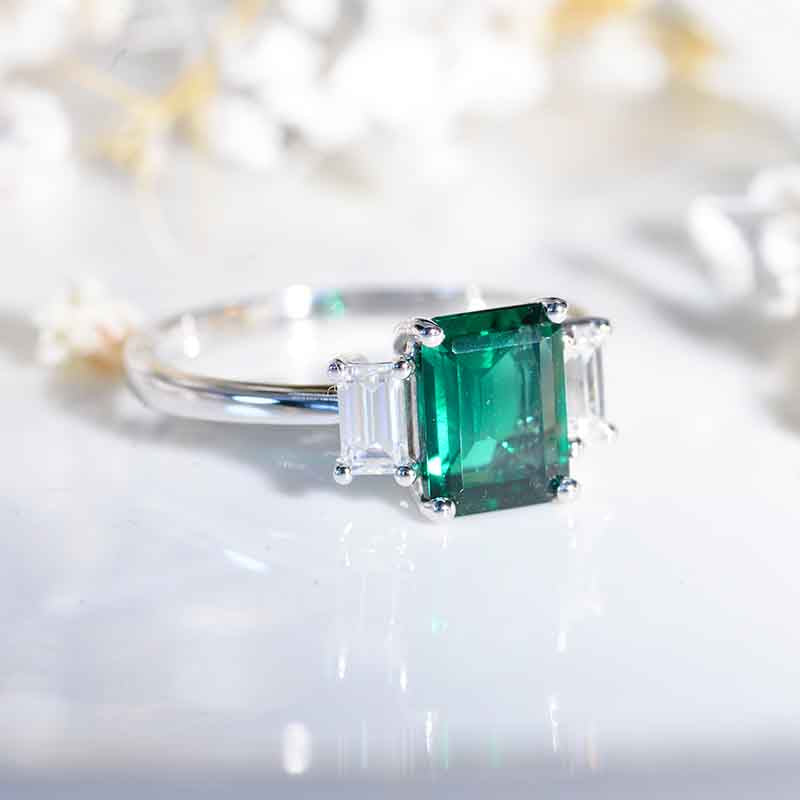3 Carat Emerald Cut Emerald Three-Stone  Engagement Ring Model 702-9x7mm