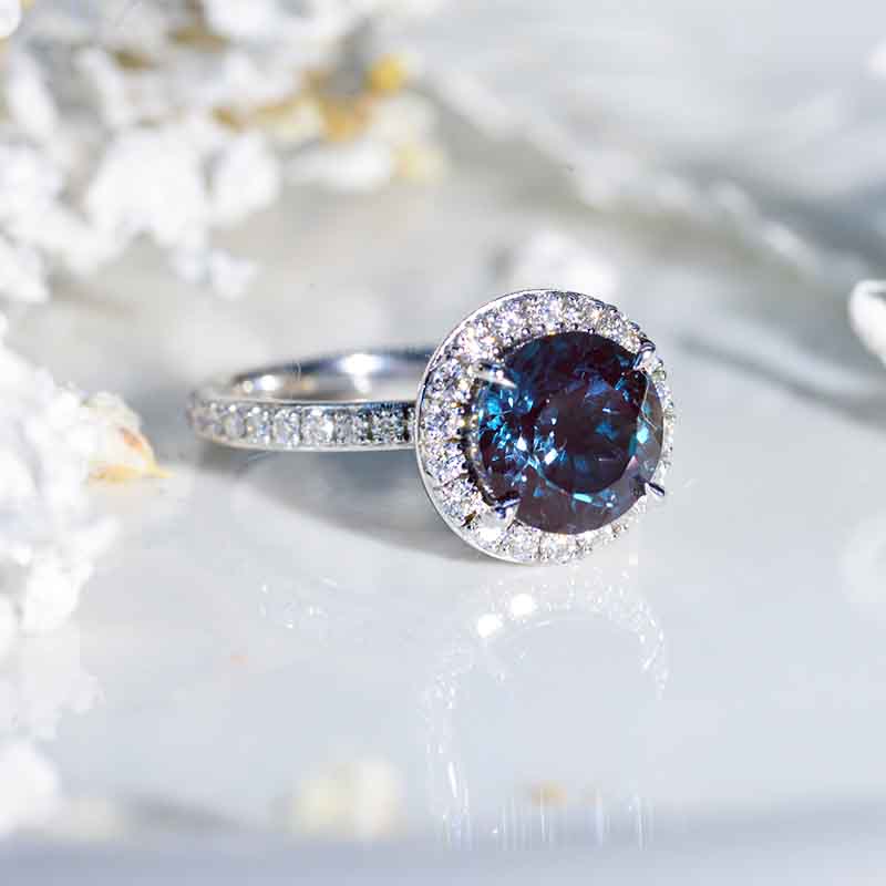 2 Carat Portuguese Cut Alexandrite Ideal Cut, Engagement Ring, Halo Portuguese Cut Alexandrite Ring, Classic Halo 14K White Gold Ring Model 1134-8mm