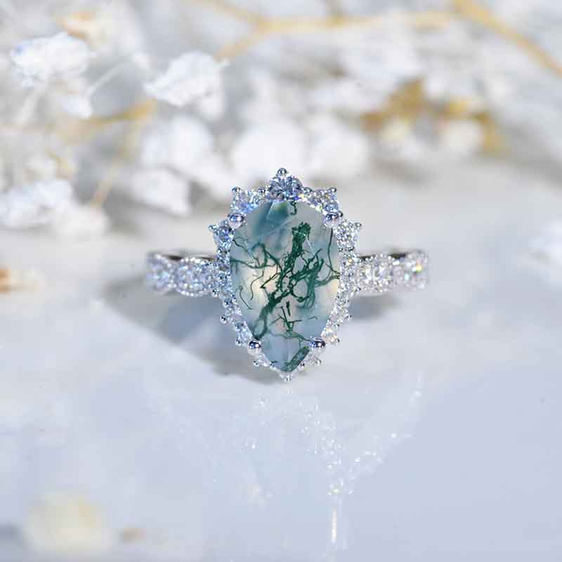 14K White Gold 3 Carat Pear Genuine Moss Agate Halo Engagement Ring Model R1S-11x7mm