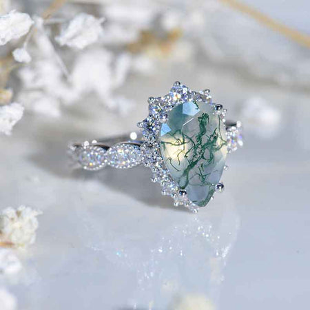14K White Gold 3 Carat Pear Genuine Moss Agate Halo Engagement Ring Model R1S-11x7mm