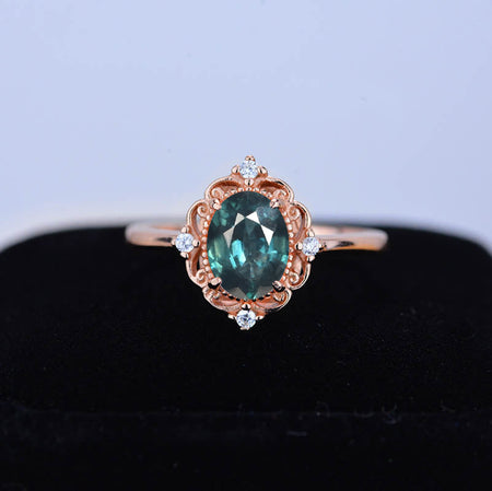 14K Solid White Gold Dainty Natural Teal Sapphire Ring, 2ct Oval Cut Teal Sapphire Ring, Unique Oval Halo Vintage Ring.