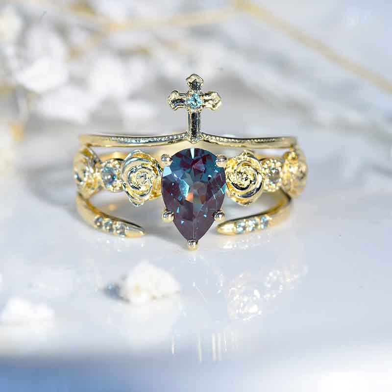 14K Solid White Gold 1.7 Carat Alexandrite Pear Cut Halo Engagement Ring Set Model 1353 V2