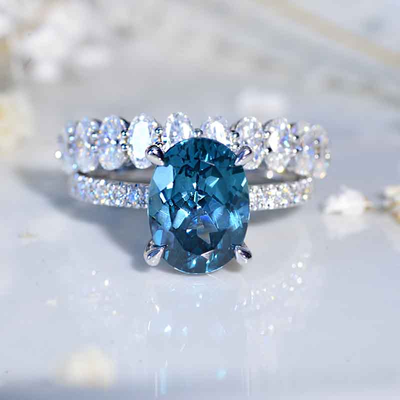 4 Carat Oval Cut  Teal Sapphire White Gold Engagement Ring Set Model 1073-12x9 mm Ring Set
