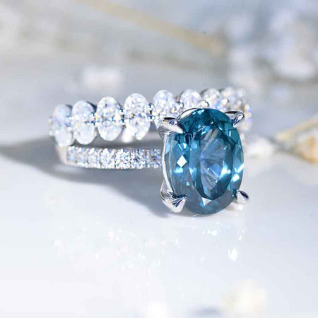4 Carat Oval Cut  Teal Sapphire White Gold Engagement Ring Set