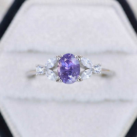 14K Solid White Gold Dainty Purple Sapphire Ring, Oval Cut Purple Sapphire Ring, White Gold Ring Unique Vintage Ring