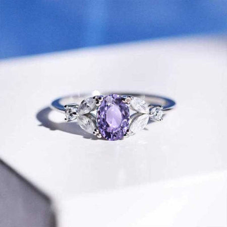 18K Solid White Gold Dainty Purple Sapphire Ring, Oval Cut Purple Sapphire Ring, White Gold Ring Unique Vintage Ring