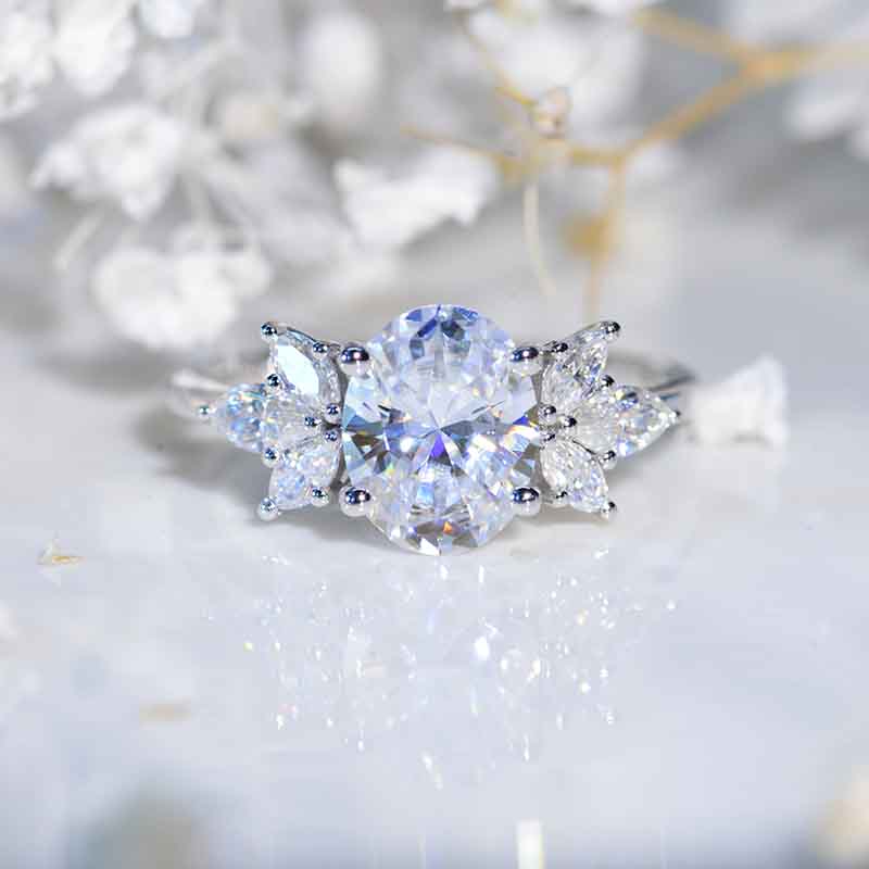 14K White Gold 2 Carat Oval Moissanite Halo Vintage Cluster  Engagement Ring  Model 555-9x7