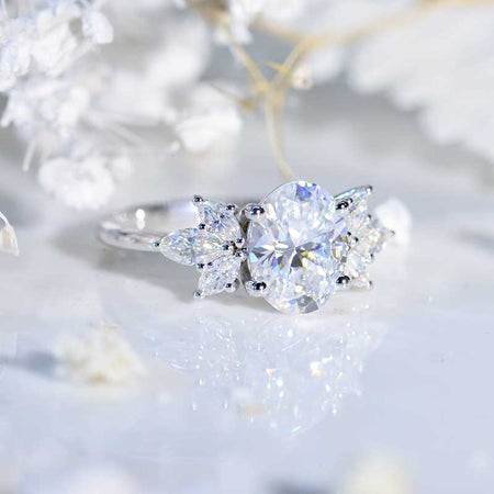 14K White Gold 2 Carat Oval Moissanite Halo Vintage Engagement Ring