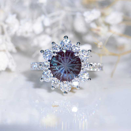 2 Carat Round Fireworks Cut Alexandrite Snowflake Halo Engagement Ring. Victorian 14K White Gold Ring