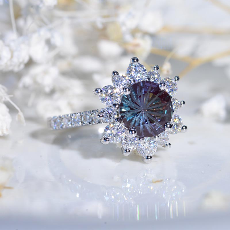 2 Carat Round Fireworks Cut Alexandrite Snowflake Halo Engagement Ring. Victorian 14K White Gold Ring