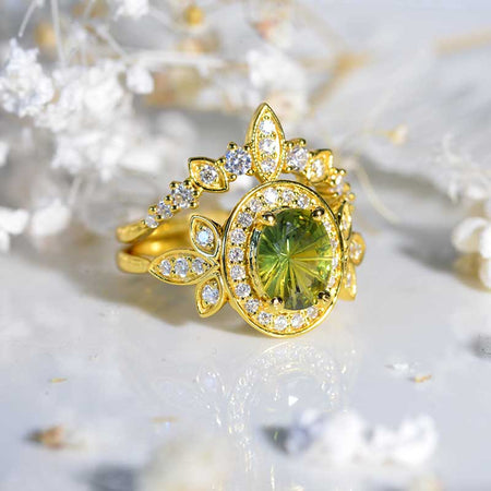 Oval Natural Genuine Green Sapphire Halo 14K White Gold Engagement Ring, Eternity Ring Set 775-8x6