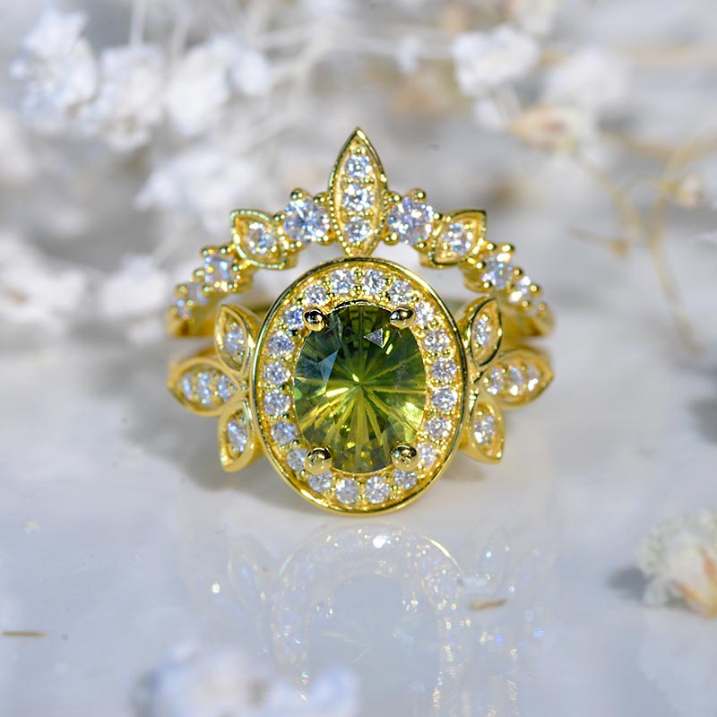 Oval Natural Genuine Green Sapphire Halo 14K White Gold Engagement Ring, Eternity Ring Set 775-8x6