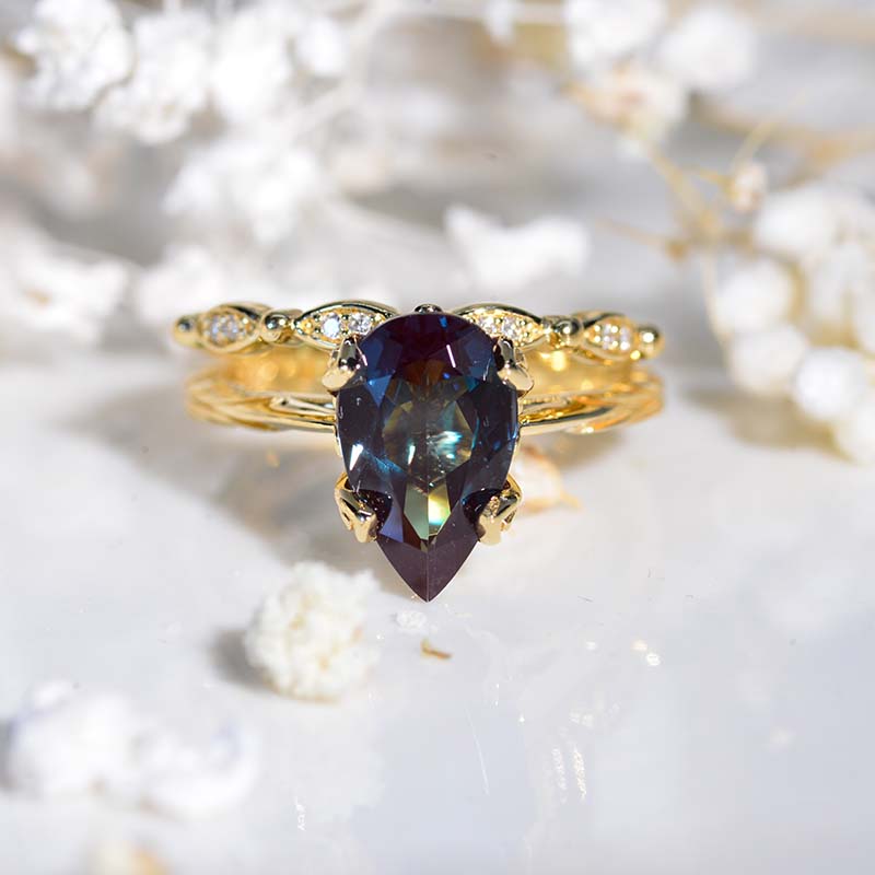 3 Carat Pear Alexandrite 14K Rose Gold Engagement. Eternity Ring. Set of Two Rings. Leaf Floral Ring Design Model 83-11x7 pear with MB