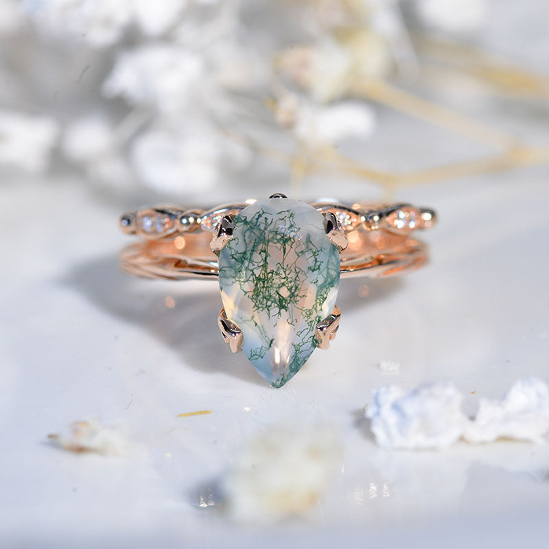 3 Carat Pear Moss Agate Engagement Eternity Rose Gold Ring Set Model 83-11x7mm MB