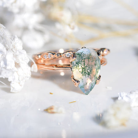 3 Carat Pear Moss Agate Engagement Eternity Rose Gold Ring Set