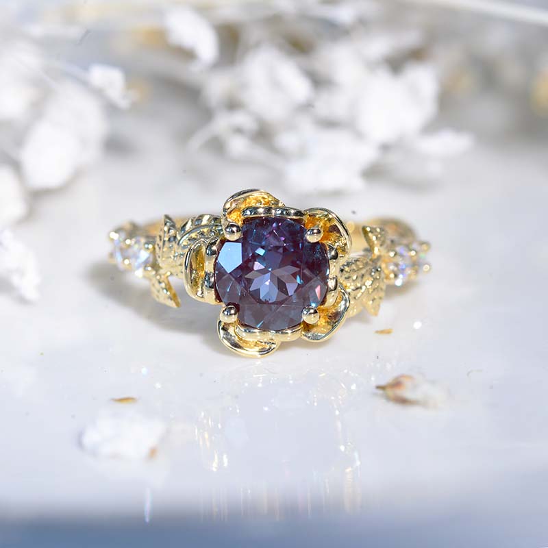 Portuguese Cut Alexandrite Floral Halo Engagement Ring Model 985-7