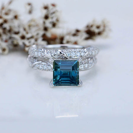 1.5 Carat Princess Cut Teal Sapphire White Gold Floral Engagement Ring Set