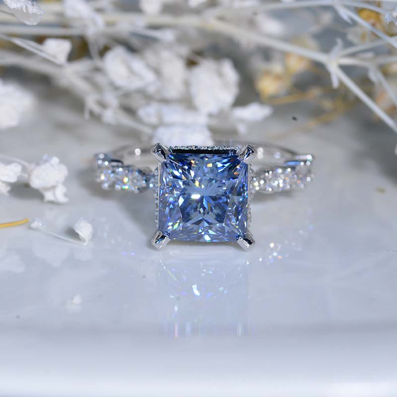 3 Carat  Dark Gray Blue Princess Cut Moissanite Diamond  White Gold Engagement Ring Model 421-8x8