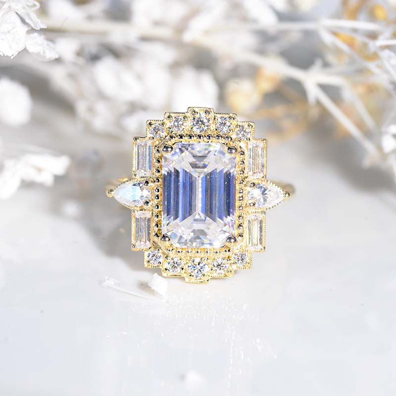 3 Carat Emerald Cut Moissanite Halo Art Deco Ornamental Engagement Ring Model 1246