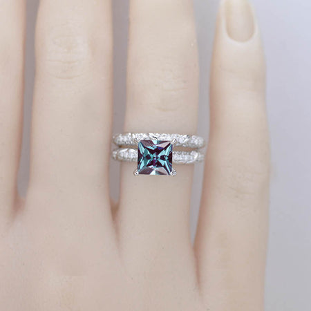 1.5 Carat Princess Cut Alexandrite White Gold Floral Engagement Ring Set