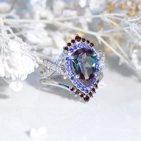 14K White Gold 3 Carat Pear Alexandrite Halo Twisted Engagement Ring Eternity Ring Set Model 152-11x7