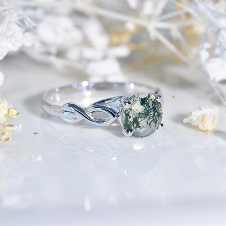 1.0 Carat Genuine Moss Agate Lattice White Gold Engagement Ring