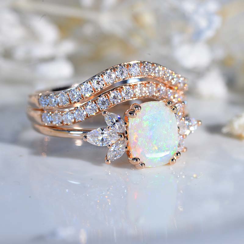 2Ct Cushion Cut White Opal Vintage Engagement Ring, Cushion White Opal Engagement Ring, Marquise Side Accents Stones 14K Rose Gold Ring Set Model 511-9x7