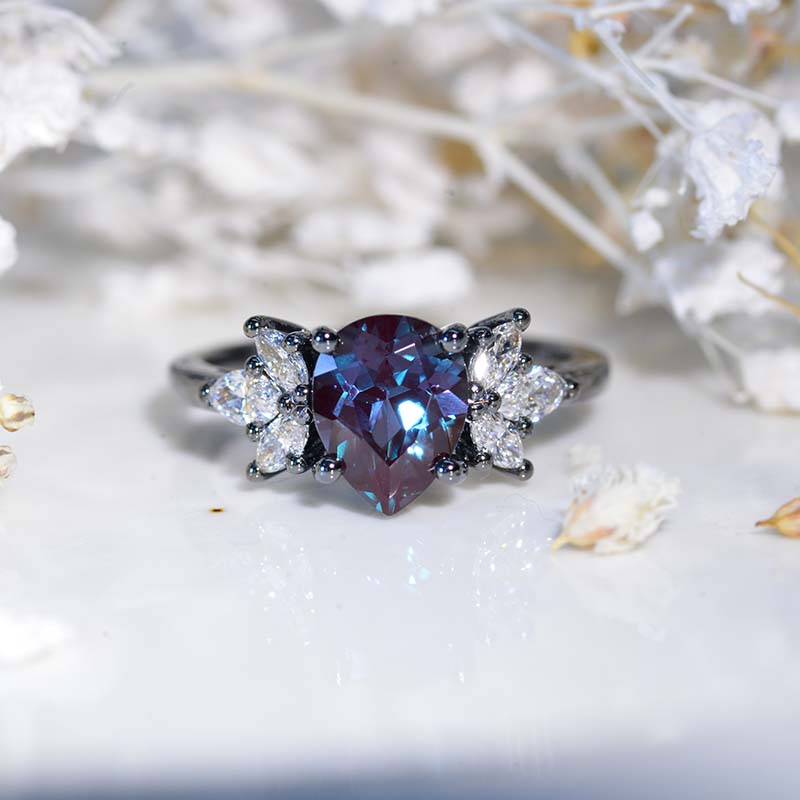 2 Carat Pear Shaped Alexandrite Engagement Ring. Vintage Alexandrite Cut Cluster Engagement Ring Black Rhodium Coated  Model 724