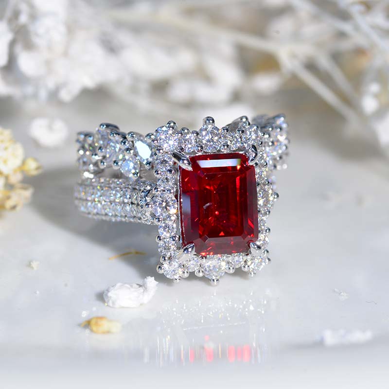 2Ct Ruby Engagement Ring Halo Emerald Cut Ruby Engagement Ring,8x6mm Step Cut Ruby Engagement Ring with Eternity Band   Model 572-8x6&572E1