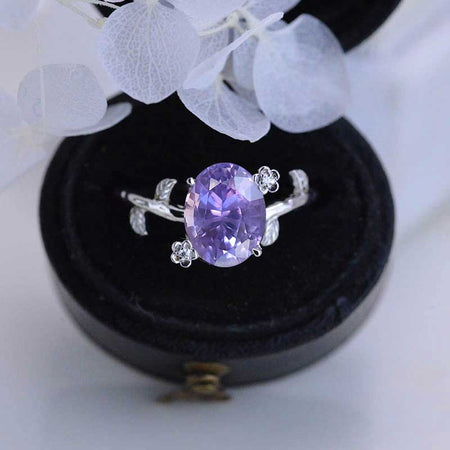 White Gold Dainty Purple Sapphire Leaf Ring, 3 Carat Oval Purple Sapphire Twig Ring
