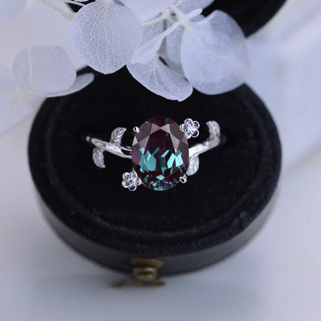 White Gold Dainty Alexandrite Leaf Ring, 3 Carat Oval Alexandrite Twig Ring