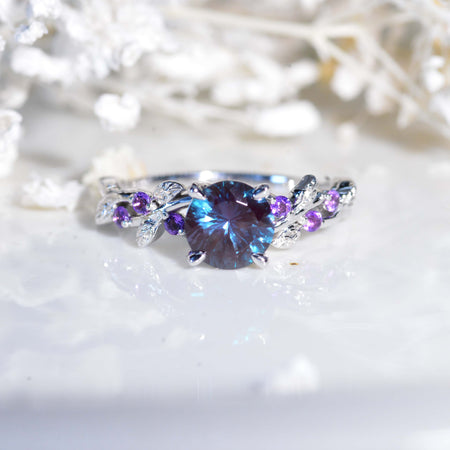 Round Portuguese Cut Alexandrite Floral White Gold Engagement Ring