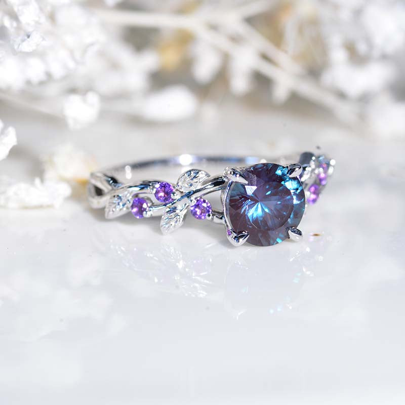 Round Portuguese Cut Alexandrite Floral White Gold Engagement Ring Model 446-7mm