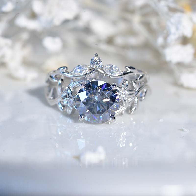 2 Carat  Floral Celtic Gray Moissanite Engagement Ring Twig Floral Set