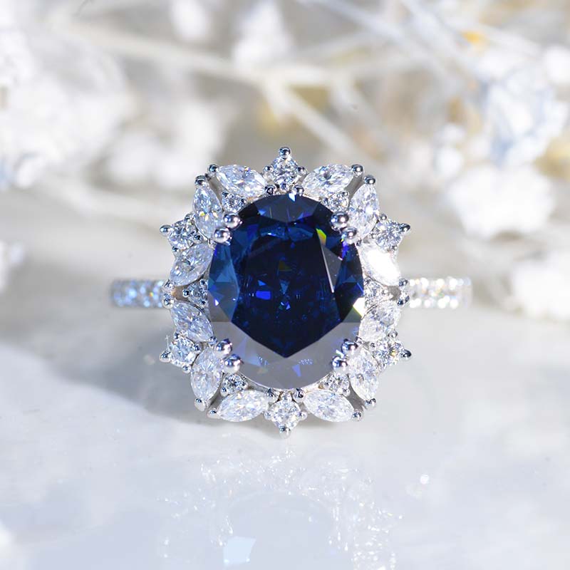 3 Carat Oval Dark Blue Moissanite Halo Vintage 14K White Gold Engagement Ring 804-10x8