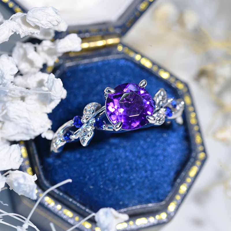7mm Round Amethyst Sapphire  Floral  White Gold Engagement  Ring