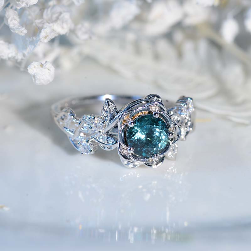 Flower Teal Sapphire 14K White Gold Engagement Floral Ring