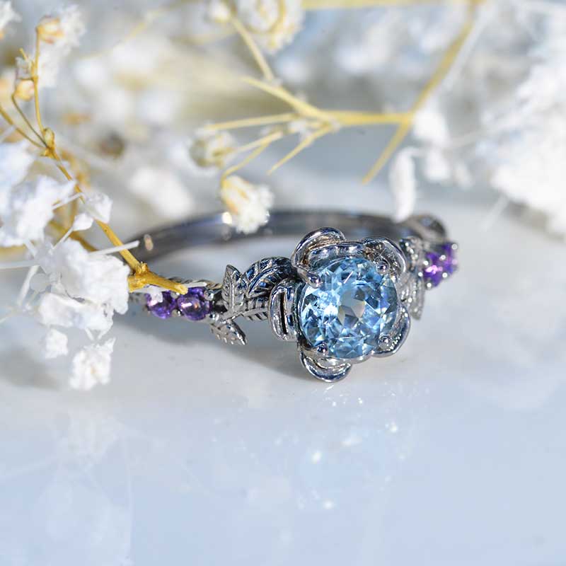 1.5 Carat Round Genuine Natural Aquamarine Floral Halo Black Rhodium Plating Engagement Ring