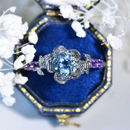 1.5 Carat Round Genuine Natural Aquamarine Floral Halo Black Rhodium Plating Engagement Ring