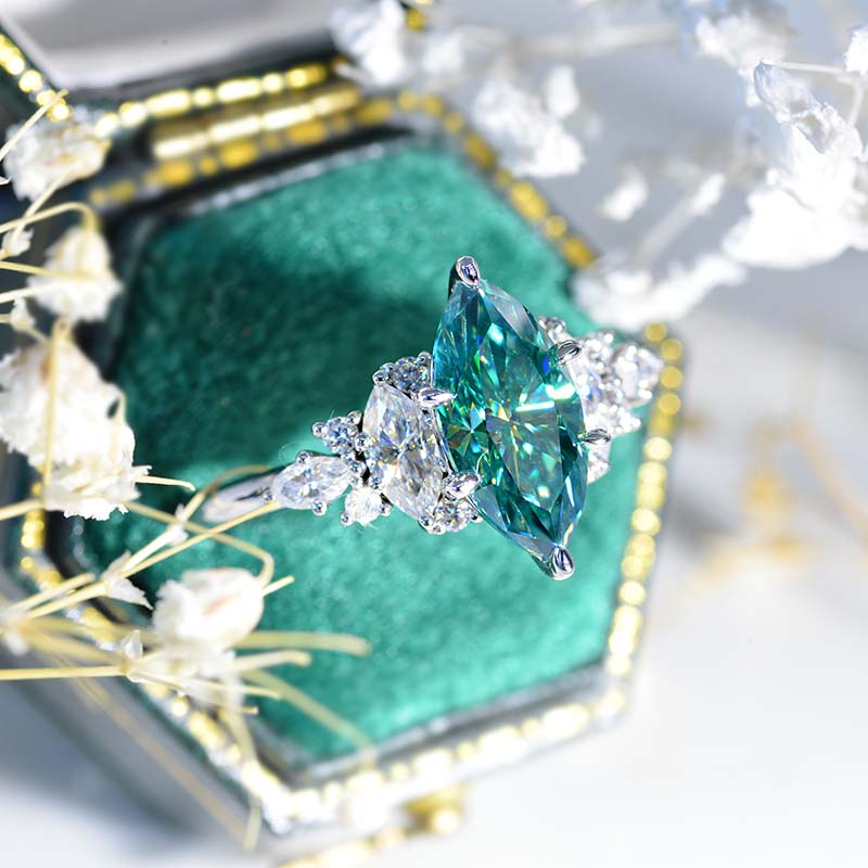 14K White Gold 2 Carat Marquise Cut Green Moissanite Halo Engagement Ring Model 1328