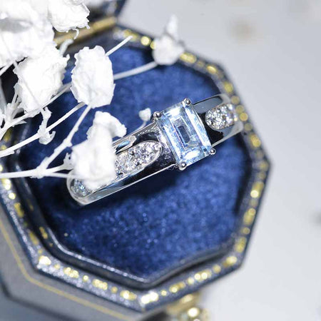 Natural Aquamarine Emerald Cut Men's Gold Ring Model 1409