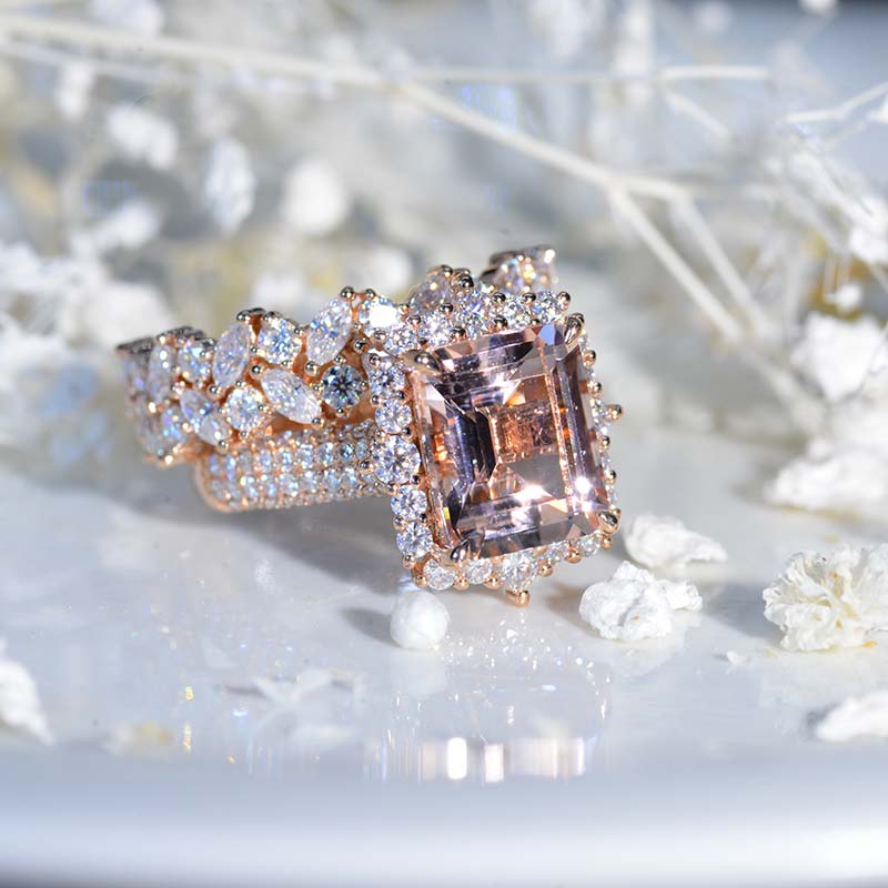 5 Carat Genuine Peach Morganite Engagement Ring Halo Radiant Cut Genuine Peach Morganite Engagement Ring, 11x9mm Radiant Cut Genuine Peach Morganite Engagement Ring with Eternity Band Model 572-11x9