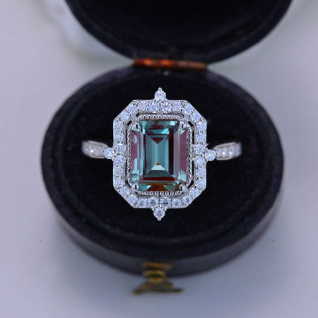 3Ct Emerald Cut Halo Alexandrite Ring, Alexandrite ring, Vintage Natural Alexandrite Ring, Genuine Alexandrite  Emerald Cut Ring
