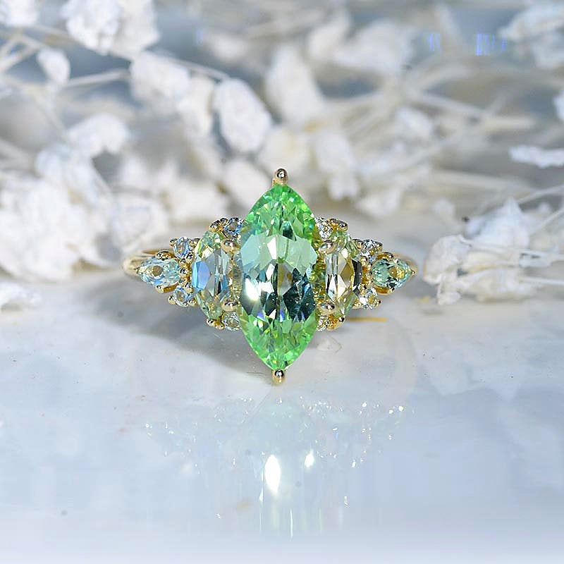 14K White Gold 2 Carat Marquise Cut Green Mint Sapphire Halo Engagement Ring Model 1328