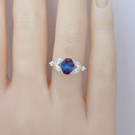 18K Solid White Gold Dainty Fireworks Cut Alexandrite Ring, Oval Fireworks Cut Alexandrite Ring, White Gold Ring Unique Vintage Ring
