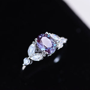 14K Solid White Gold Dainty Alexandrite Ring, Oval Cut Alexandrite Ring Set, White Gold Ring Unique Vintage Ring